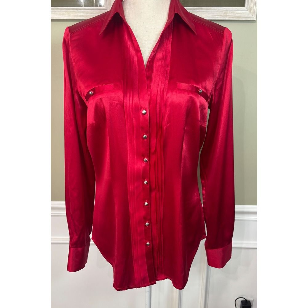 White House Black Market Red Silk Stretch Pintuck Pleated Button Up Blouse 8 - Picture 1 of 8
